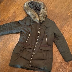 Kensie Green Puffer Jacket with Faux Fur Trim
